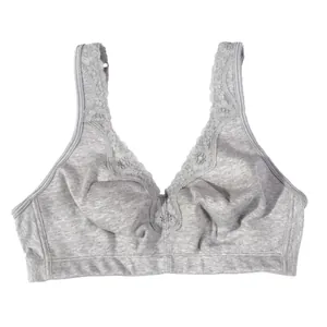 Comfortable plus size grey bra featuring breathable fabric and elegant floral lace trim