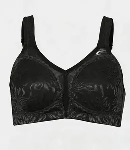 Detailed macro view of black floral lace and intricate embroidery on a wireless bra