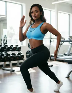 Professional breathable blue wire-free sports bra shown on model in a modern gym setting