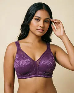Detailed view of the elegant purple floral jacquard lace on a plus size wireless bra