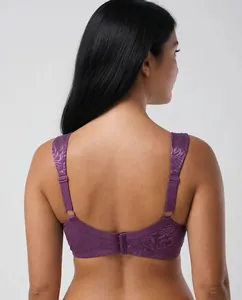 Detailed back view showing straps and closure of purple plus size wireless jacquard lace bra