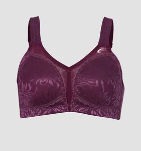 Detailed macro view of purple wire-free plus size bra featuring floral jacquard lace