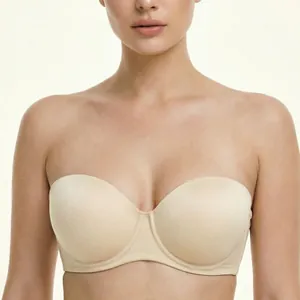 Women's Strapless Plus Size Bra Thin Cup Wire-Free Bandeau Seamless Wedding Bra Elegant Nylon Lingerie For Women Nude Black