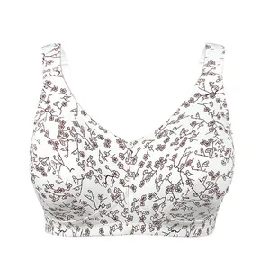 Comfortable plus size wireless bra with wide straps and elegant maroon floral print