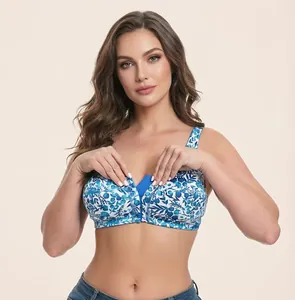 Detailed view of wireless front-closure floral bra with comfortable push-up design