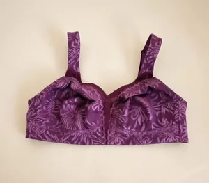 Detail of purple plus-size wireless bra with floral jacquard lace embroidery.