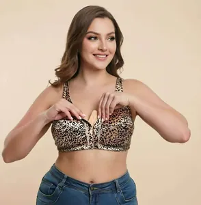 Detailed front view of leopard print plus size bra showing its front-closure feature
