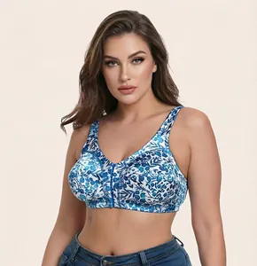 Full front view of a floral print plus size wireless bra featuring convenient front buckle