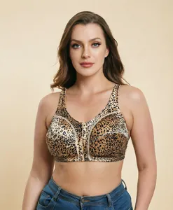 Detailed view of a sexy leopard print plus size wire-free bra with comfortable soft support