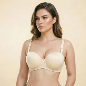Elegant beige plus size wireless bra featuring a thin cup and versatile strapless design.