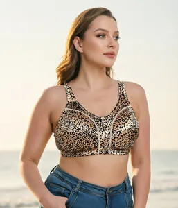 Close-up of a stylish leopard print plus-size wire-free bra worn by a model at sunset beach