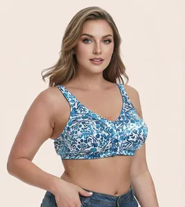 Detail view of front-clasp floral print wireless bra with wide straps for comfort.
