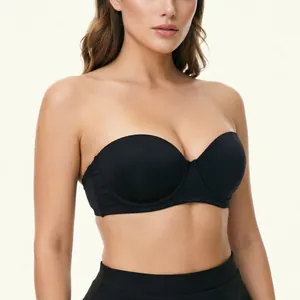 Black strapless bandeau bra for large sizes, lightweight thin cup style for weddings