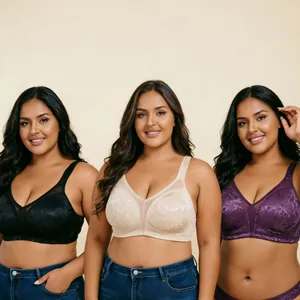 Women Plus Size Wireless Bra Floral Jacquard Embroidery Lace Minimizer Bra Full Cup Supportive Comfortable Lingerie Bra
