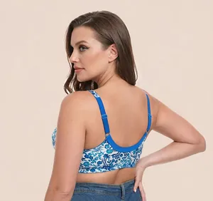 Detailed back view of a blue floral print wireless bralette with adjustable straps