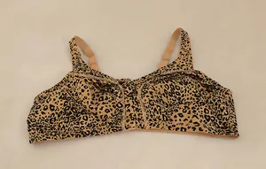 Detailed flat lay of a leopard print plus size bra featuring a wire-free design and soft support