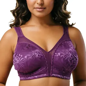 Elegant plus size purple floral lace minimizer bra with wireless full coverage support