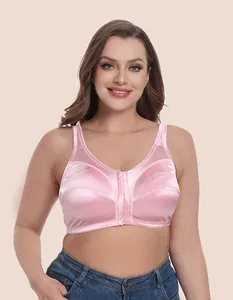 Full-coverage plus size front-closure wireless bra in pink satin with elegant mesh paneling
