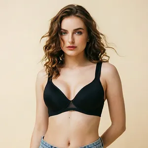 Model wearing a black wide-strap anti-slip thin cup bra for daily comfort and support