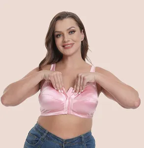 Close-up showing the front-closure detail of a pink wire-free plus size full coverage bra.