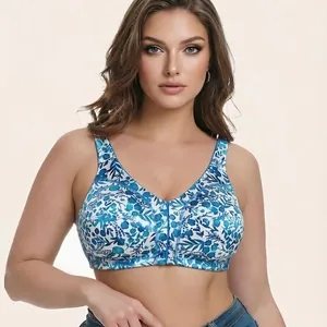 Floral print plus size front closure wireless bra with comfortable gathered support