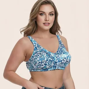 Comfortable plus size wireless floral print bra with convenient front buckle closure