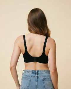 Detailed back view of a black wide-strap bra showing U-shape design and secure closure