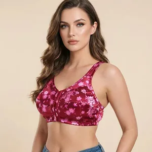 Eleganter Satin-BH mit Blumendruck, Vorderverschluss und bügellosem Rücken-Design