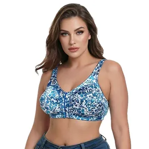 Comfortable plus size floral print bra with front closure and wide straps for women