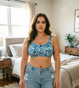 Close-up of a blue floral print plus-size wire-free bra worn by a model in a bedroom.