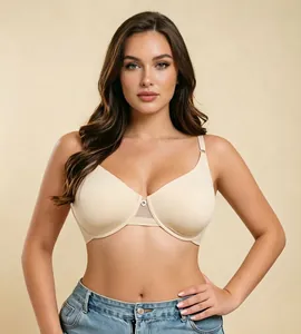 Full coverage comfortable nude minimizer seamless underwired bra shown on a professional model