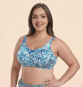 Full coverage floral print wireless bra in smooth satin fabric for plus size women comfort