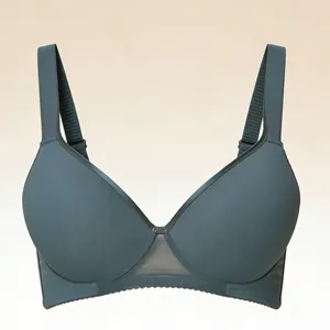 Dark teal seamless bra with wide anti-slip straps and mesh detail for daily comfort
