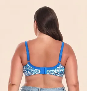 Back view detail of a plus size non-wired floral satin bra with adjustable straps.