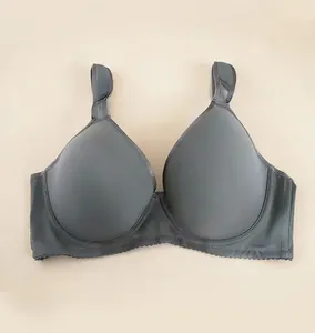 Detailed view of grey thin cup bra with wide non-slip straps for comfort