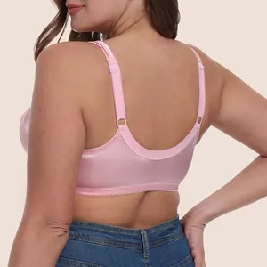 Back view of pink plus size wireless full cup bra with wide satin straps for women