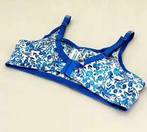 Detailed view of a blue floral print wireless full cup thin bra for women