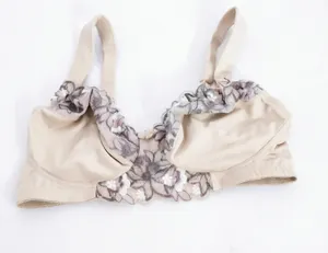 Vista detallada del sujetador champán sin aros con un elegante bordado floral bordado