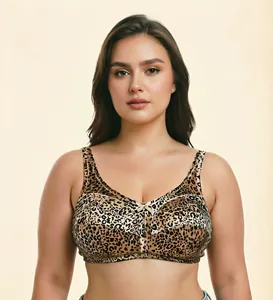 Detailed front view of leopard print wireless full cup bra with satin finish.