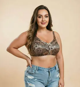 Full coverage plus size leopard print satin wireless bra for comfortable daily wear