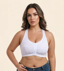 Detail of white lace front-clasp bra on plus-size model, high quality fabric view.