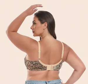 Detailed back view of a leopard print plus size wireless bra featuring adjustable straps
