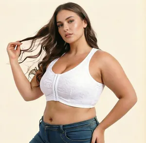 Detailed view of a white plus-size floral lace bra featuring a front closure design for comfort