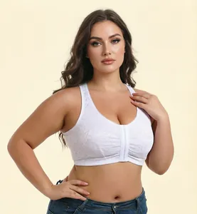 Detailed front view of a white lace plus-size wire-free bra with front closure