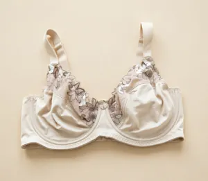 Detailed view of beige lace floral embroidery plus size bra with wide straps and underwire