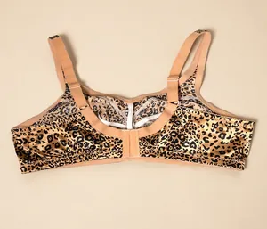 Back view of leopard print satin wireless bra showing adjustable straps and closure.