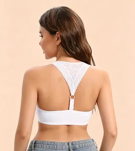 Vista posteriore dettagliata di un reggiseno bianco con chiusura frontale e pizzo sul retro