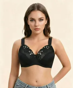 Elegant black lace embroidered plus-size bra with wide straps and underwire for support.