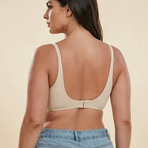 Back view of a nude beige seamless minimizer bra with underwire for plus size EFG cups