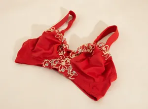 Vista detallada de un sujetador rojo sin aros con bordado floral de cobertura total